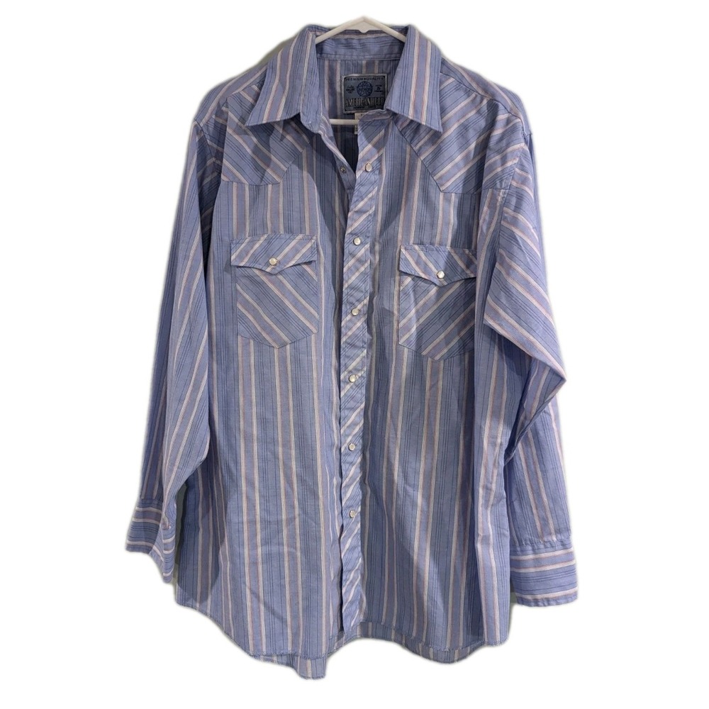 Vintage Western Shirt Pearl Snap Blue Striped American Hero Cowboy Rodeo Mens XL
